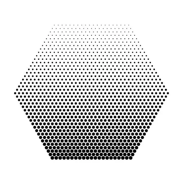 Vector illustration of Hexagon shape filled with a vertical size gradient of circular dots, forming a captivating pattern.
