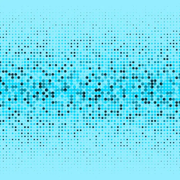 Vector illustration of Engaging light blue to turquoise dotted pattern organized in a horizontal band, with a size-based fading effect both upwards and downwards.