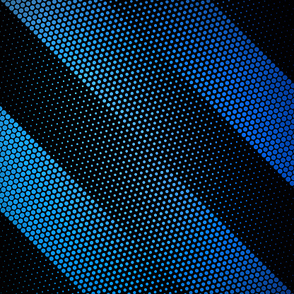 Alternating sections in shades of blue and turquoise, meticulously arranged in a diagonal orientation. Within each of these sections, there's an evident pattern formed by circular dots. These dots demonstrate a clear fading gradient, where they transition from denser and more pronounced at one end to more dispersed and faint at the opposite end. This gradient effect within the dots, combined with the contrasting blue and turquoise sections, creates a dynamic visual interplay, emphasizing depth and movement across the piece. The repetitive yet gradient nature of the dots offers a harmonious balance between uniformity and variation.