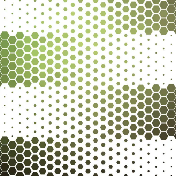 Vector illustration of Four green sections displaying a horizontal fading pattern using size-variable hexagon dots.