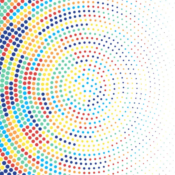 Vector illustration of Rainbow colored dots arranged in a circular pattern, with a size gradient fading to the right.