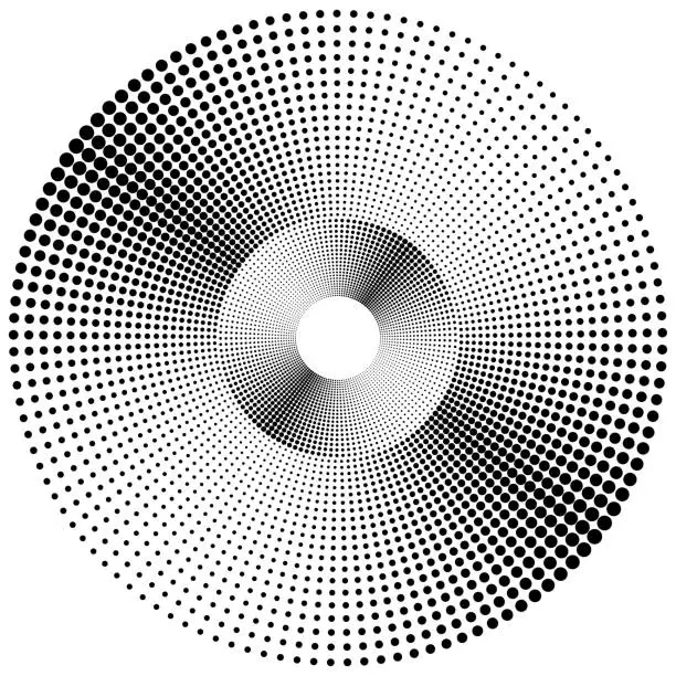 Vector illustration of Wheel composed of dots with an angular size gradient, featuring two concentric sections in high contrast.