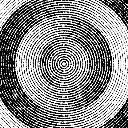 This graphic displays a design reminiscent of a speaker cone, with its visual energy emanating outwards. It's composed of dots, organized in a semi-random fashion, yet they form four distinct concentric sections. The unevenness of the dot distribution and their sizes within these sections adds dynamism to the design, allowing the viewer's eye to dance around, tracing the varied patterns. This structure, combined with the interplay of space and dot density, creates a sense of depth and movement, as if sound waves are pulsating from a central source.