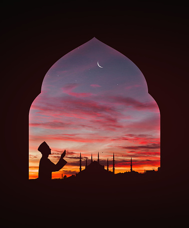 Praying muslim, Mosque sunset sky, moon, holy night, silhouette mosque, panaromic islamic wallpaper