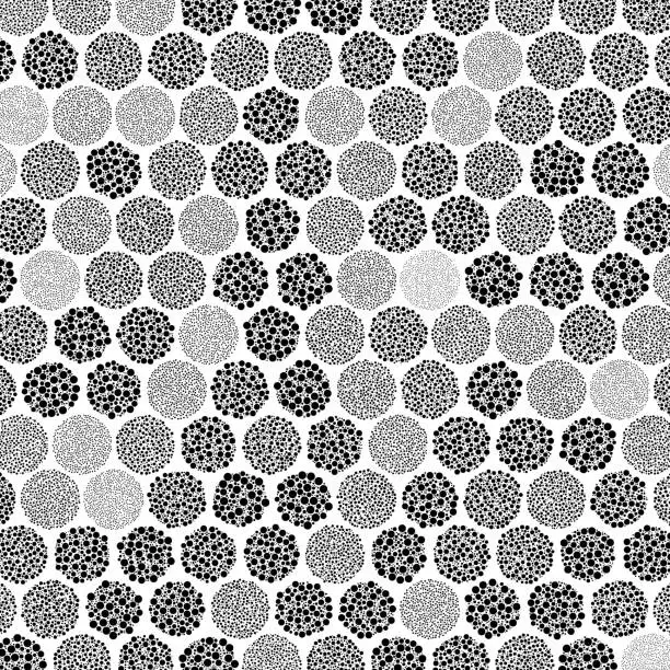 Vector illustration of A honeycomb pattern formed by varied circles filled with small, non-overlapping dots.