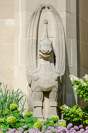 One of a pair of art deco bas-relief dragons flanking the fountain at 2 North Riverside Plaza (formerly called the Chicago Daily News buidling). Chicago, Illinois, USA.