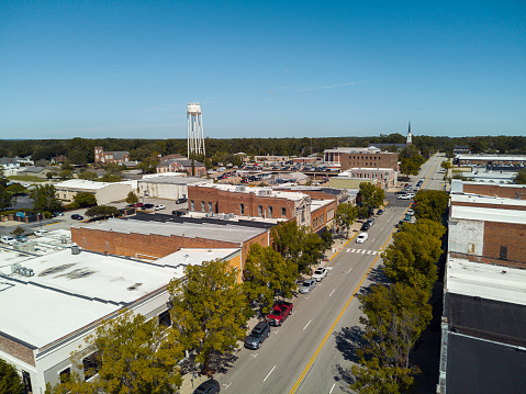 Suburban neighborhood with shops and cafes alongside the Broad Street in Camden, South Carolina
