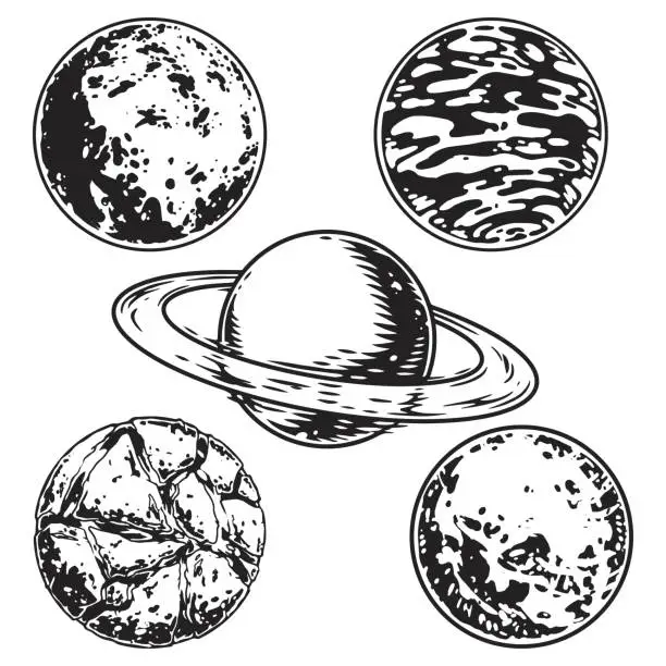 Vector illustration of Planets set monochrome vintage logotypes