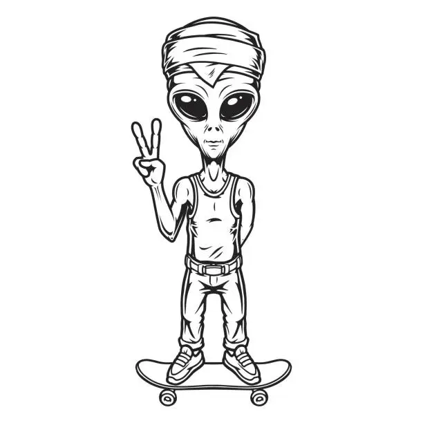 Vector illustration of Martian skateboarder portrait monochrome vintage