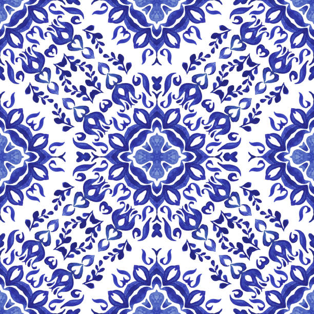 istock Azulejo Portuguese style tile. Gorgeous seamless blue floral watercolor pattern mediterranean tiles design. 1741233779