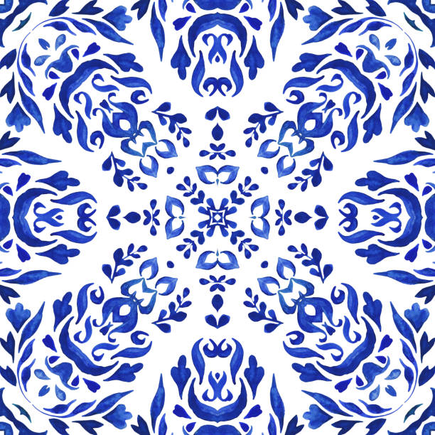 istock Azulejo Portuguese style tile. Gorgeous seamless blue floral watercolor pattern mediterranean tiles design. 1741233800