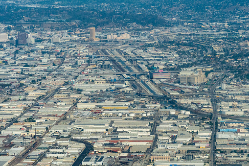 Aerial view of Downtown LA, the Los Angeles River and the Arts District of Los Angeles, California