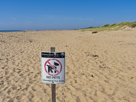 No pets allowed warning sign on Cape Cod National Seashore beach. Section of beach corded off from pets to protect native bird nesting areas.