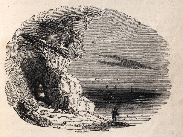 Vintage illustration Rocky coatline and cave, Annals of the Poor, 1830s, 19th Century History