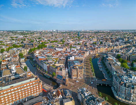 The drone aerial view of old town of Amsterdam, Netherlands.