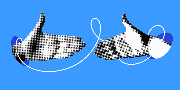 Hands reach out to each other. Handshake. Halftone retro hands. Paper cutout elements. Trendy vintage newspaper parts. Make a deal. Successful agreement. Hands tied with thread. Shaking hands