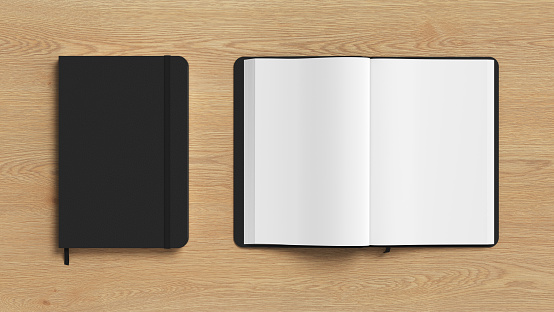 Black cover notebook and opened notebook mockup on wooden background. 3d illustration