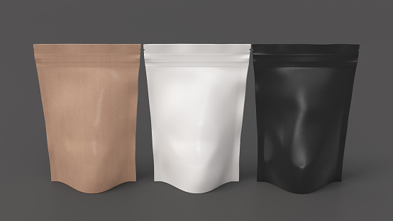 Black, craft and white packaging pouches mockup for tea, coffee, snack on gray background. Branding mockup. 3d illustration