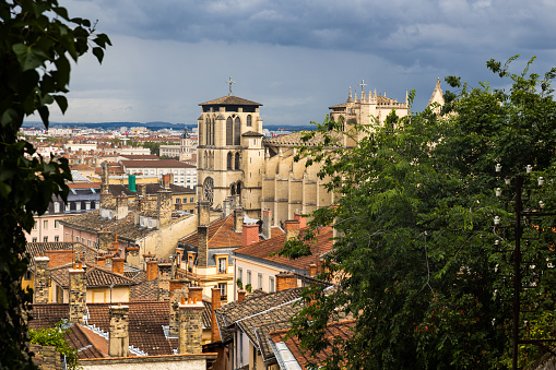 Lyon's Saint-Jean-Baptiste Cathedral from the Montée de Chazeaux staircase on a cloudy day
