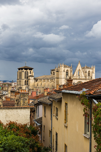 Lyon's Saint-Jean-Baptiste Cathedral from the Montée de Chazeaux staircase on a cloudy day