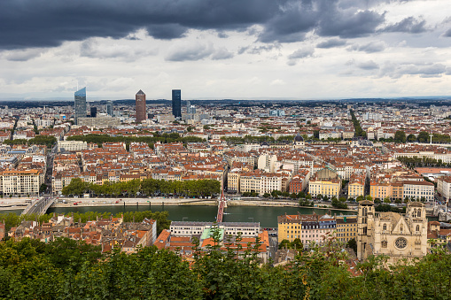 Panorama of Lyon, including the Part-Dieu towers, from Fourvière on a cloudy day