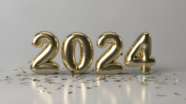 Happy New Year 2024 golden foil balloons with confetti falling on light gray background. Happy New Year celebration concept. Year 2024.
