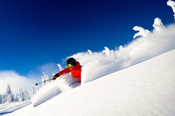 Powder skiing Powder skiing at resort. skiing and snowboarding stock pictures, royalty-free photos & images