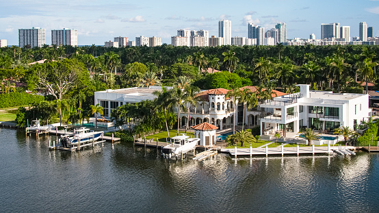 Wealthy residential neighborhood stretching alongside water canal in Hollywood, Florida