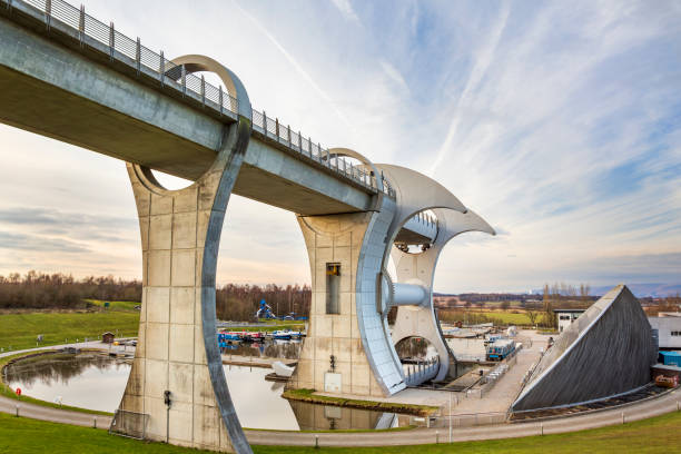 The Falkirk Wheel , a unique rotating boat lift connecting the Forth and Clyde Canal with the Union Canal at Falkirk in Scotland.