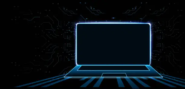 Vector illustration of Portable neon computer with a blank screen and a desk in a dark room with blue lighting.