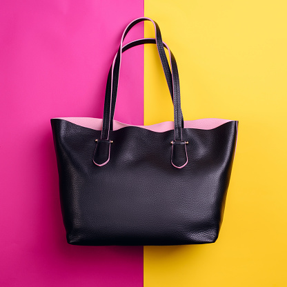 Trendy black leather female bag with contrasting pink trim isolated on a vibrant pink-yellow background. Discount promotion poster for an e-commerce store. Fashion style and trend. Modern design.