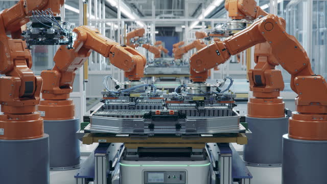 EV Battery Pack Automated Production Line Equipped with Orange Advanced Robot Arms. Row of Robotic Arms inside Bright Plant Assemble Batteries for Automotive Industry. Modern Electric Car Smart Factory.