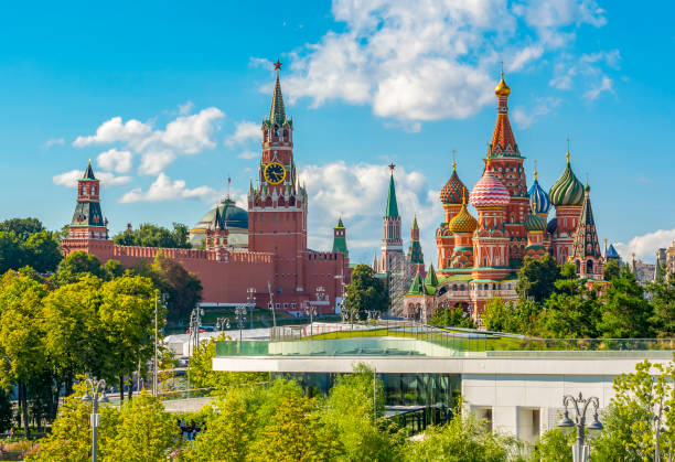 Moscow cityscape with Cathedral of Vasily the Blessed (Saint Basil's Cathedral) and towers of Moscow Kremlin, Russia stock photo