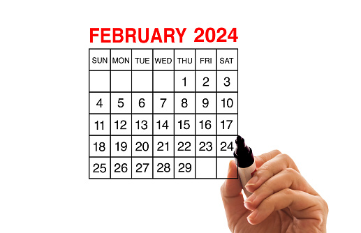 2024 calendar February on white background