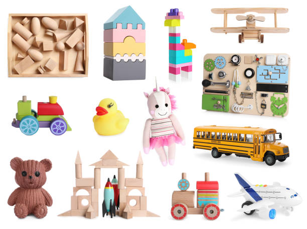 Collage with many different toys on white background