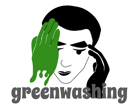 Greenwashing concept, idea showing falsehood of environmental measures, man covers himself with green hand symbolism vector illustration
