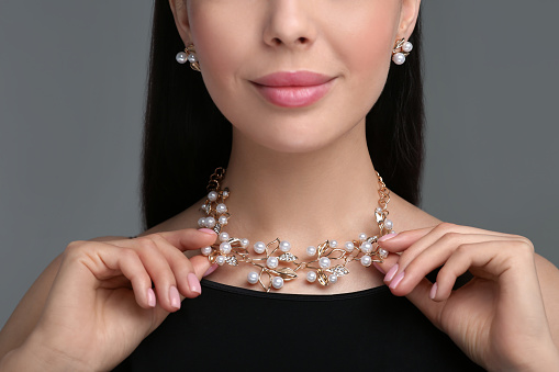 Close-up view of Indian woman traditional jewlry Necklace in shop display