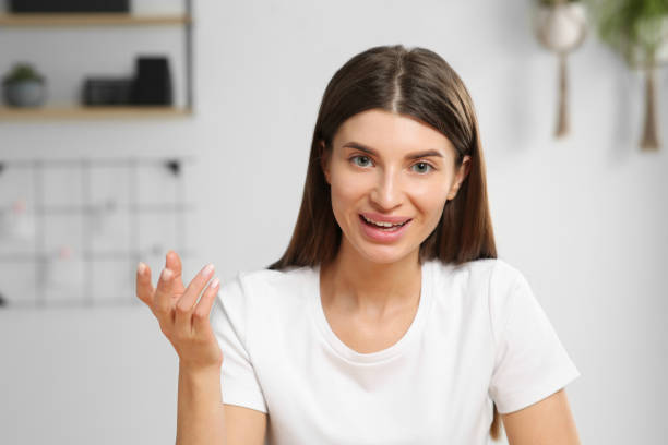 istock Happy woman having online video call at home, view from web camera 1741438938