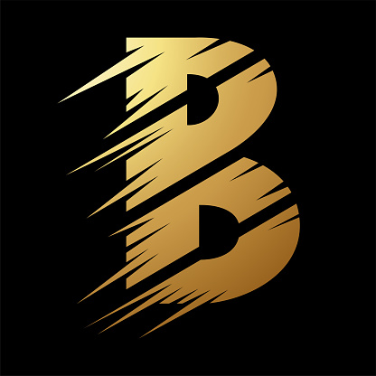 Gold Abstract Slashed Split Shaped Letter B Icon on a Black Background
