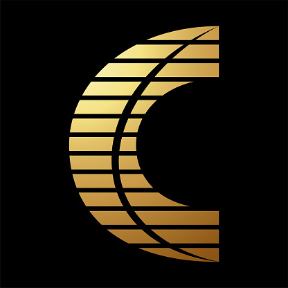 Gold Abstract Slashed Striped Letter C Icon on a Black Background