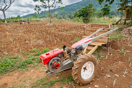 Typical distinctive agricultura machinery of Laos,used by farmers throughout southeast Asia. A useful,multi purpose petrol alternative to livestock,used for ploughing,seeding and rural transport.