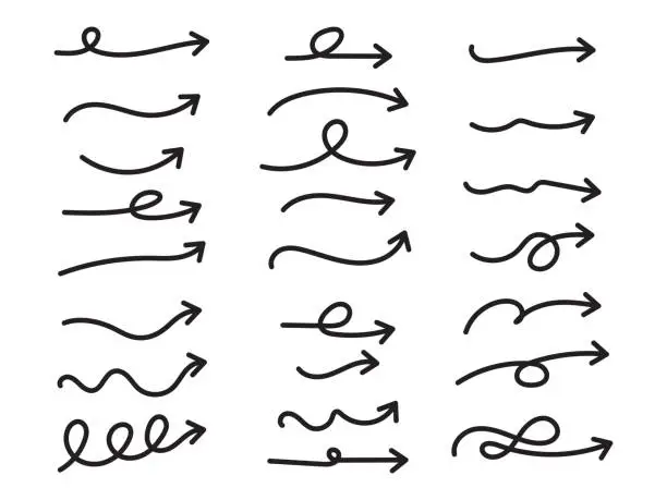 Vector illustration of Curved sketch arrows set