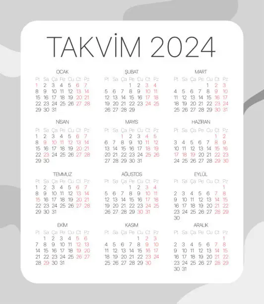 Vector illustration of 2024 calendar template with turkish calendar