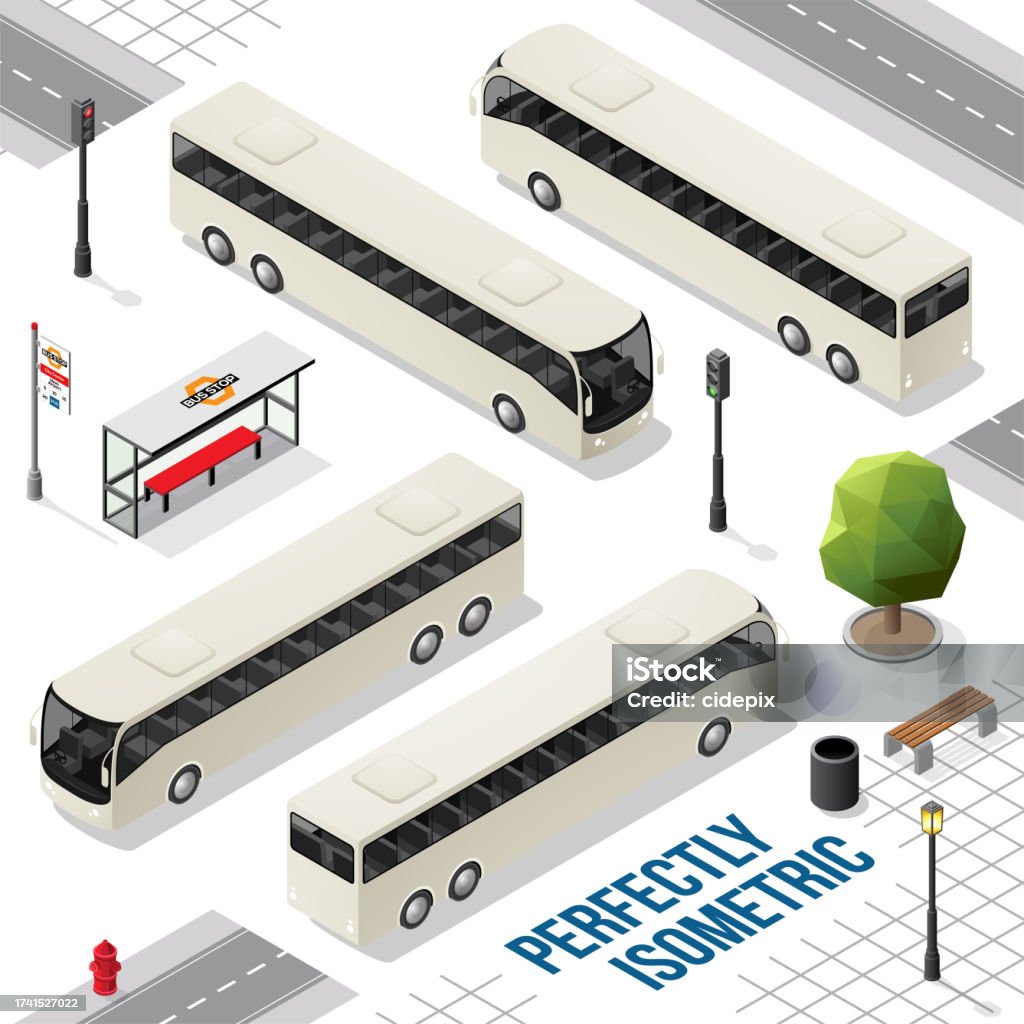 Isometric Bus White Long Isometric Bus From The Front Back Right And Left Stock ...