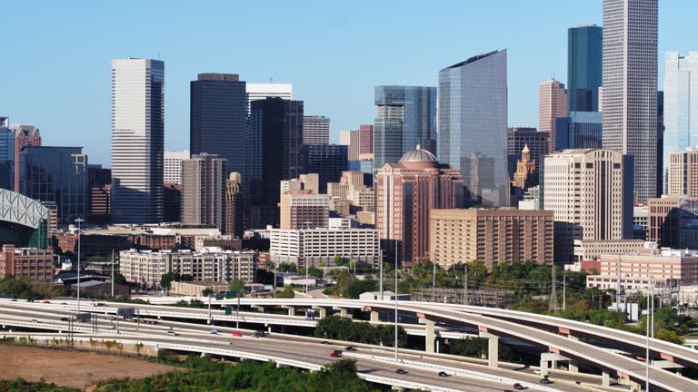 Telephoto Drone Shot of Downtown Houston, Texas