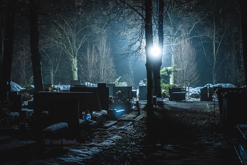 Opole, Poland – December 18, 2022: A cemetery at night during All Saints' Day in Poland