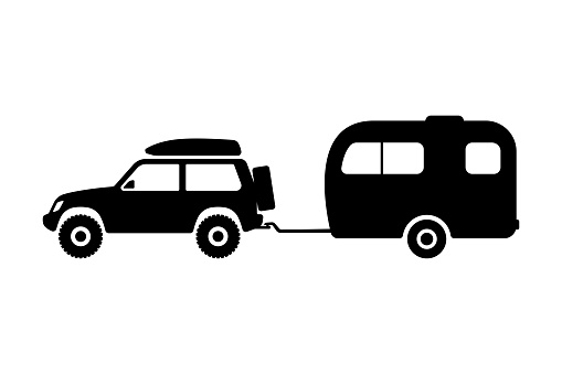 SUV icon. Camper, caravan, motorhome. Black silhouette. Side view. Vector simple flat graphic illustration. Isolated object on a white background. Isolate.