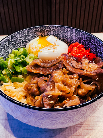 beef gyudon rice meal bowl with soft boiled egg