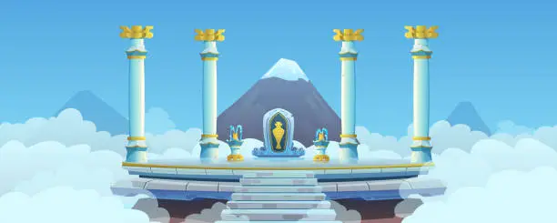 Vector illustration of Temple with columns on top of the mountain. Ancient architecture, golden columns, stone steps, fresco with an amphora, healing spring, fountain. Temple in the clouds, fantasy, cartoon vector.
