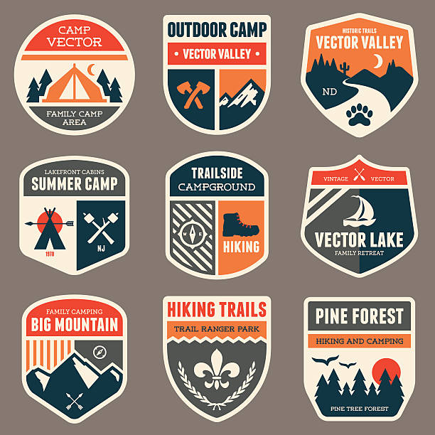 ilustraciones, imágenes clip art, dibujos animados e iconos de stock de camp tarjetas de retro - mountain footpath hiking backpacker